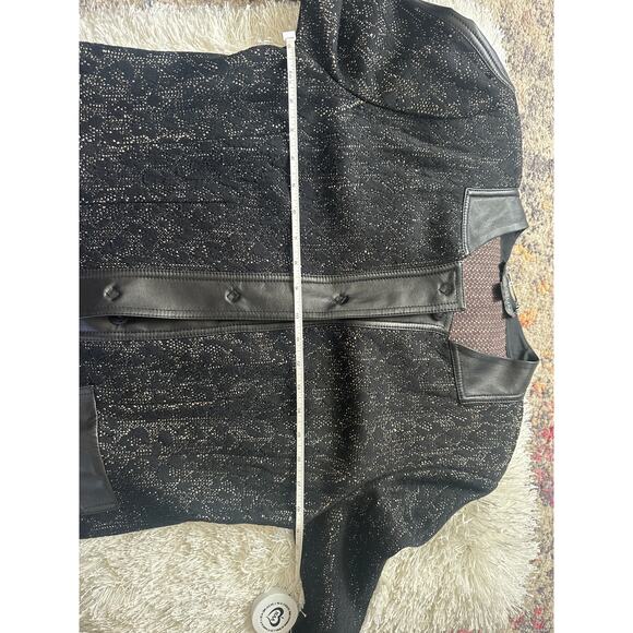 St John Couture Tweed wool Blazer Jacket Size 12 Black Leather Trim  button Knit - Picture 10 of 11